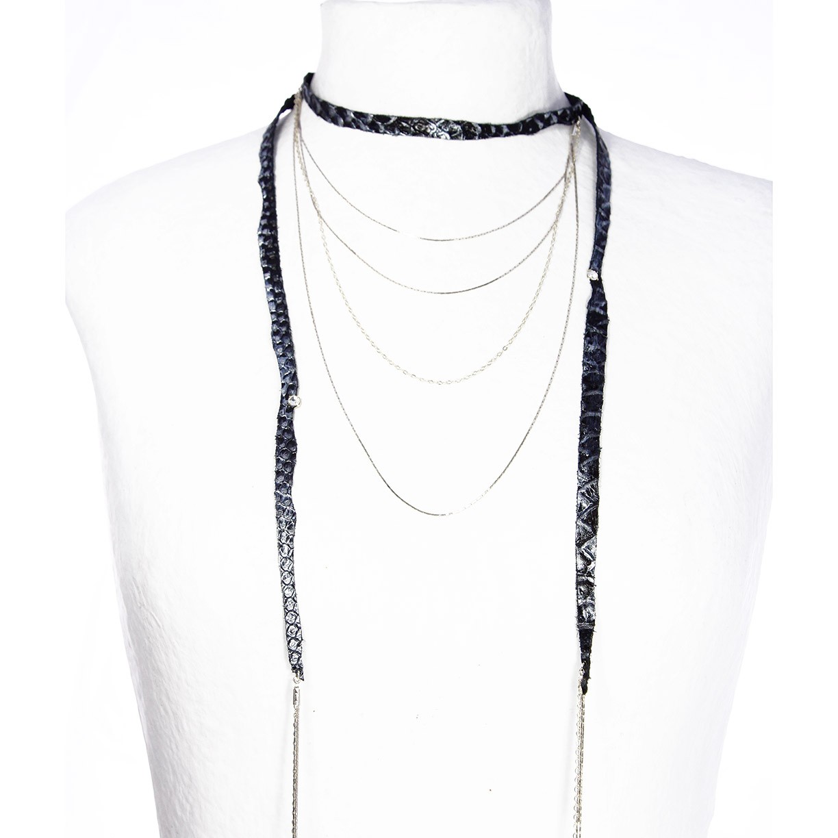 COLLIER SNAKE ECHARPE NOIR/ARGENT